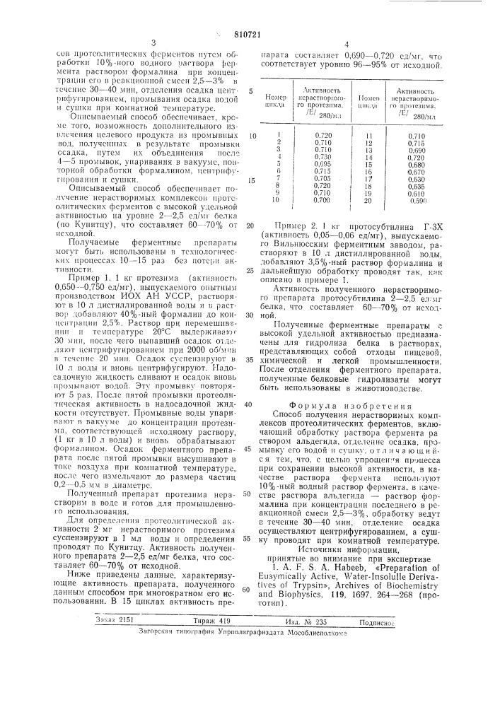 Способ получения нерастворимыхкомплексов протеолитических фер-mehtob (патент 810721)