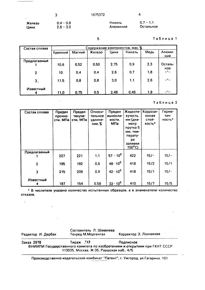 Литейный сплав на основе алюминия (патент 1675372)