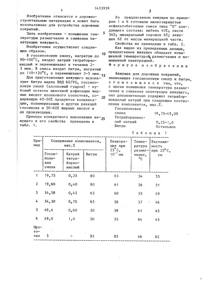 Вяжущее для дорожных покрытий (патент 1433959)