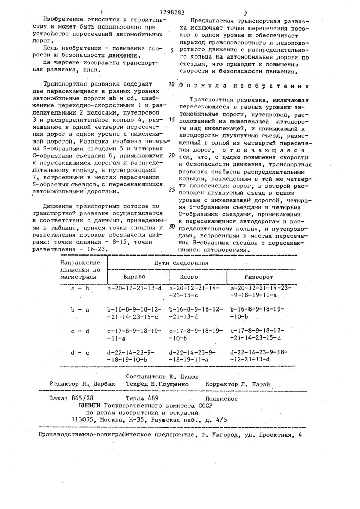 Транспортная развязка (патент 1298283)