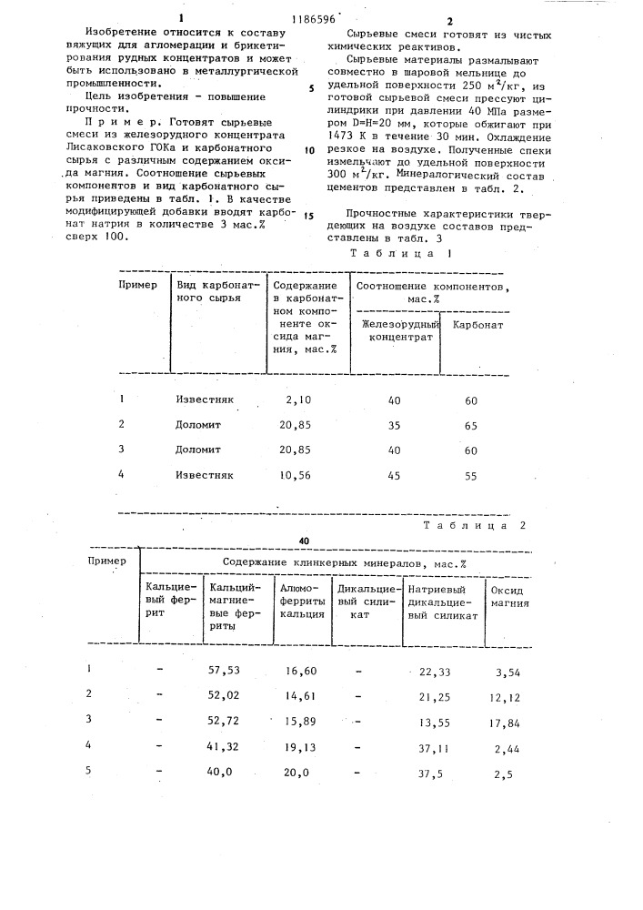 Цемент для агломерации и брикетирования рудных концентратов (патент 1186596)