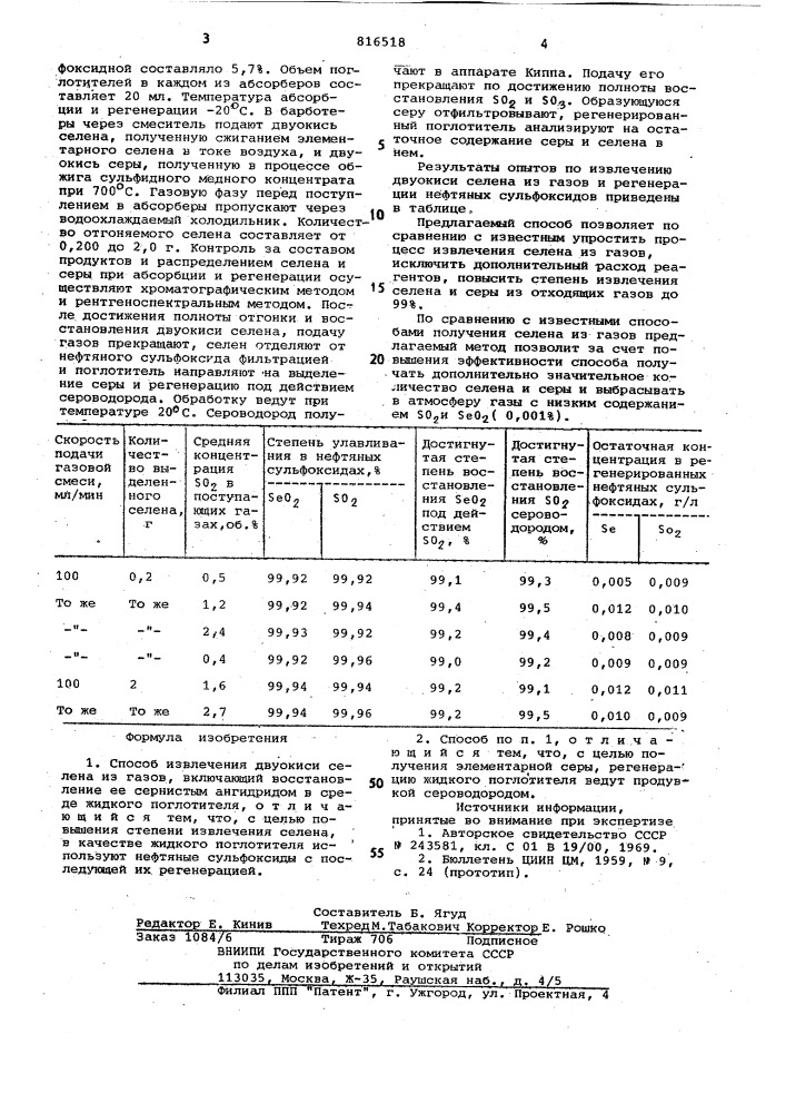 Способ извлечения двуокиси селенаиз газов (патент 816518)