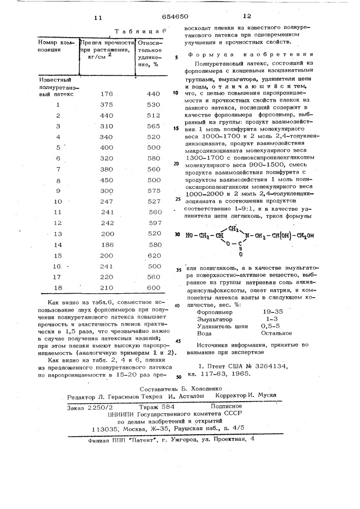 Полиуретановый латекс (патент 654650)