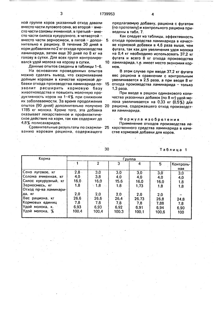 Кормовая добавка для коров (патент 1739953)