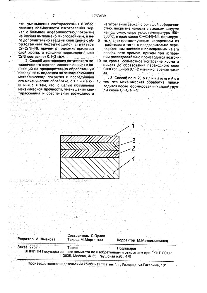 Оптическое металлическое зеркало и способ его изготовления (патент 1753439)