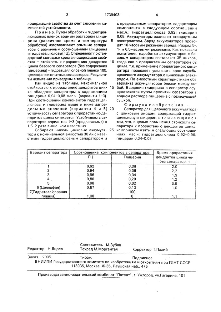 Сепаратор для щелочного аккумулятора с цинковым анодом (патент 1739403)