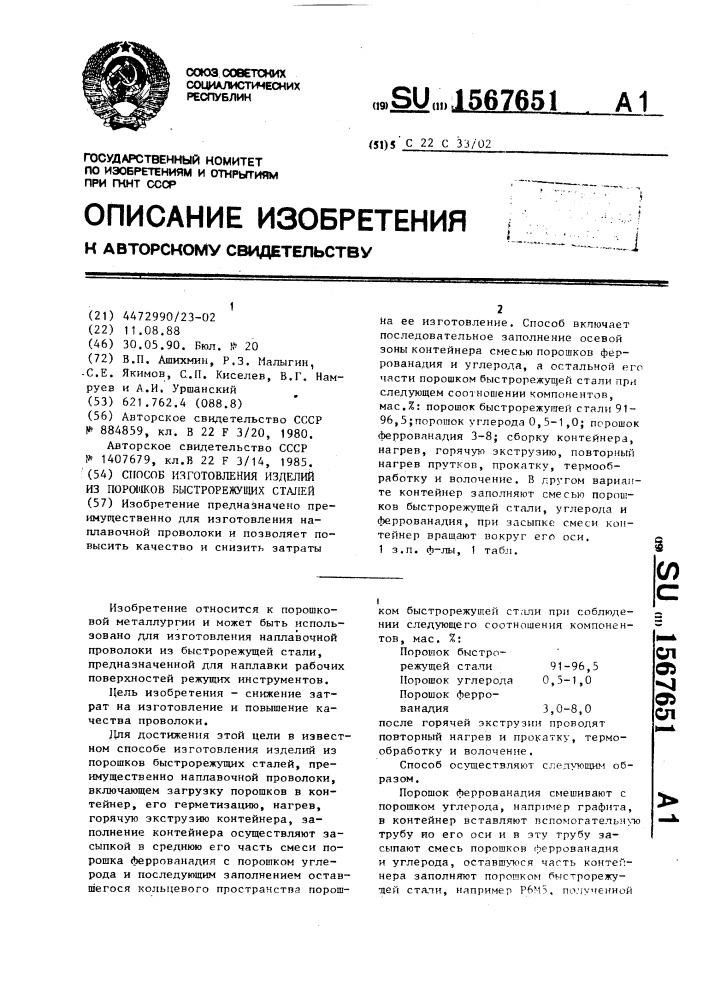 Способ изготовления изделий из порошков быстрорежущих сталей (патент 1567651)