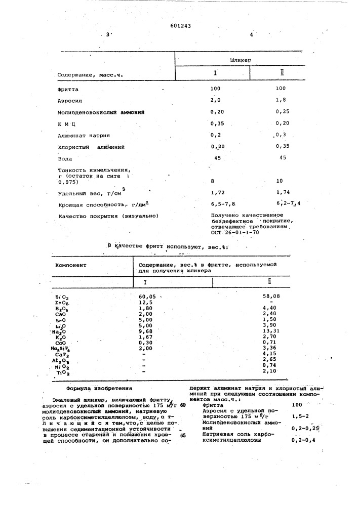 Эмалевый шликер (патент 601243)