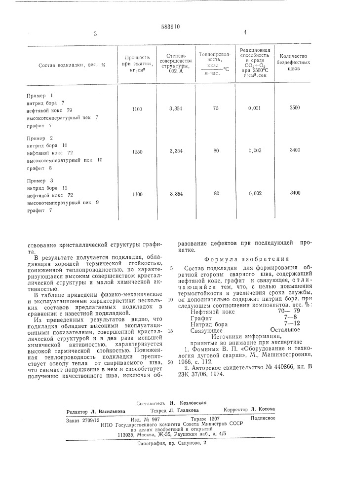 Состав подкладки для формования обратной стороны сварного шва (патент 583910)