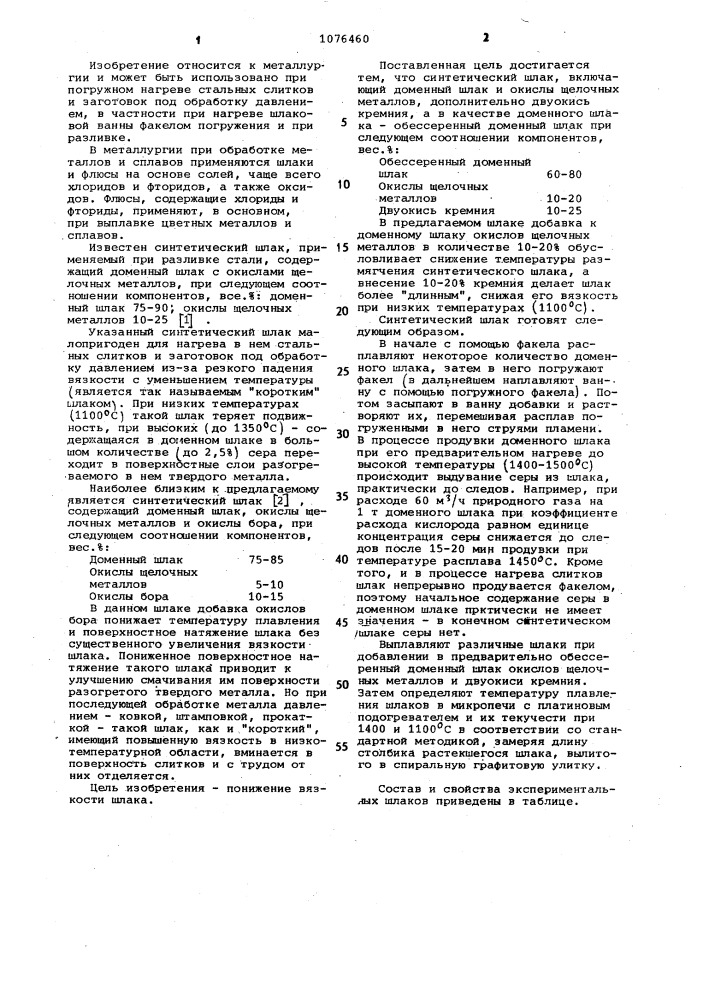 Синтетический шлак (патент 1076460)