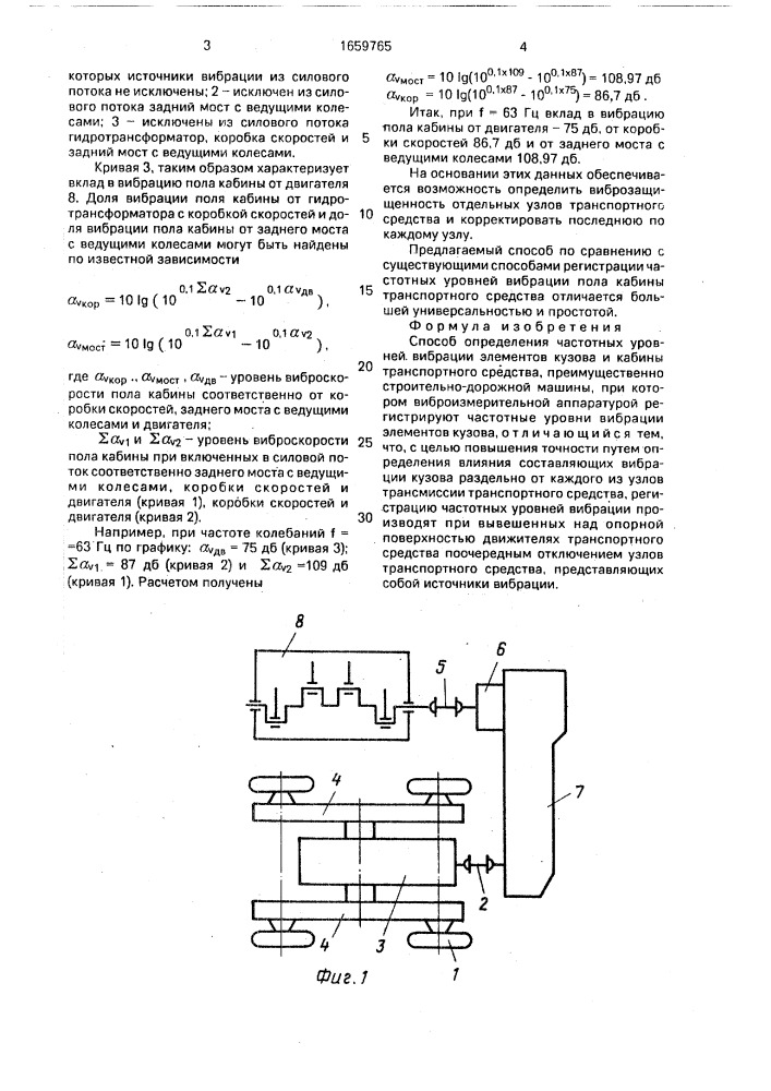 Способ определения частотных уровней вибрации элементов кузова и кабины транспортного средства (патент 1659765)