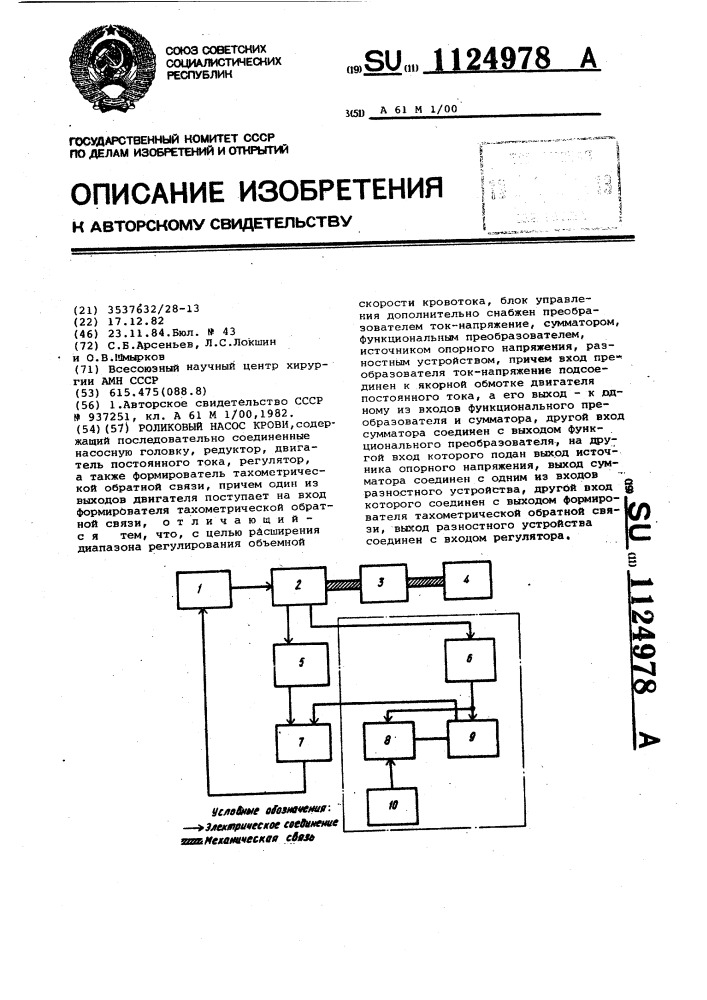 Роликовый насос крови (патент 1124978)