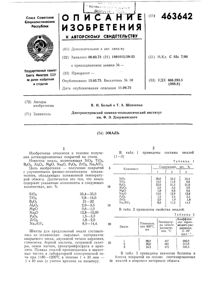 Эмаль (патент 463642)