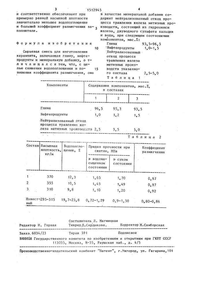 Сырьевая смесь для изготовления керамзита (патент 1512945)