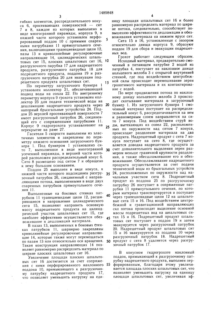 Конусный гидрогрохот (патент 1489848)