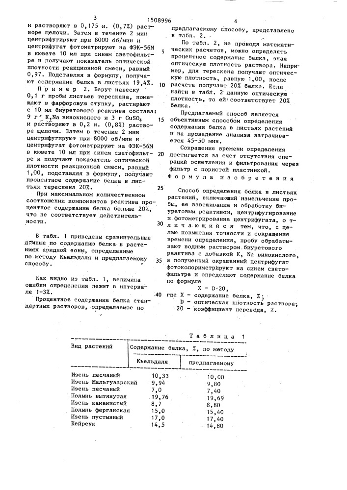 Способ определения белка в листьях растений (патент 1508996)