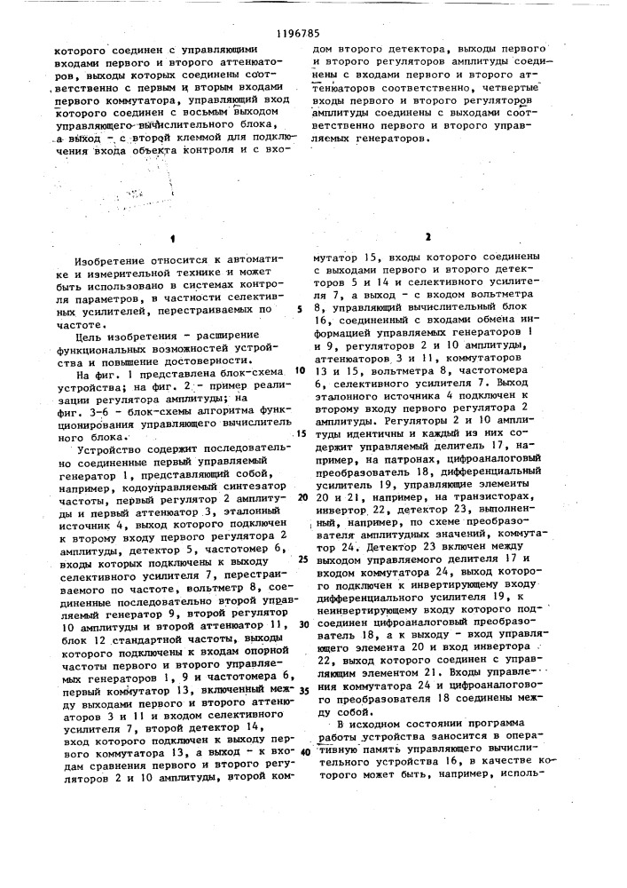 Устройство для автоматического контроля селективных усилителей (патент 1196785)
