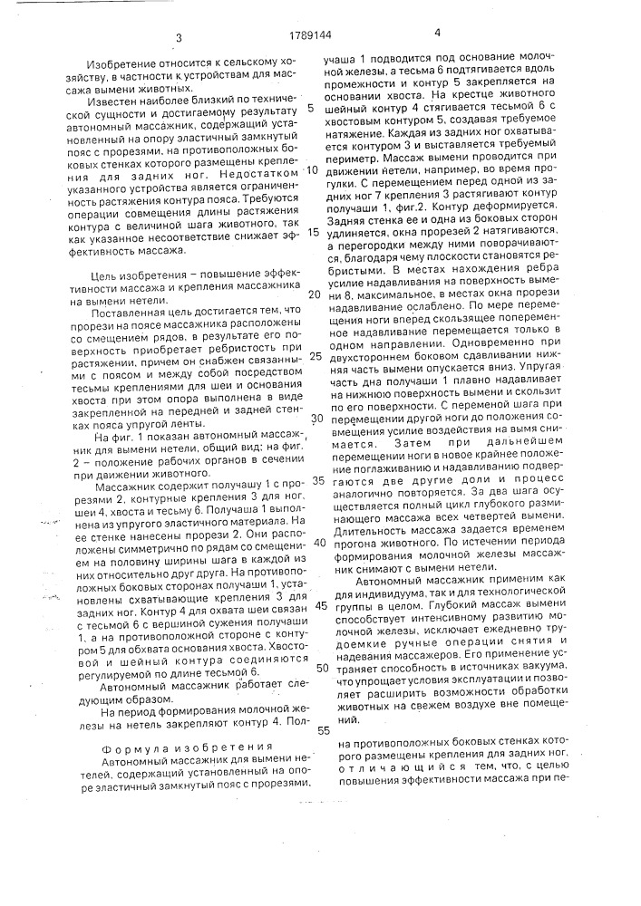 Автономный массажник для вымени нетелей (патент 1789144)