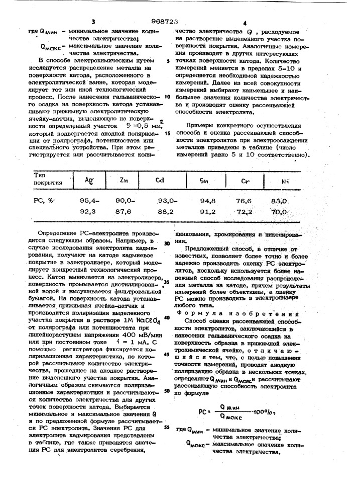 Способ оценки рассеивающей способности электролитов (патент 968723)