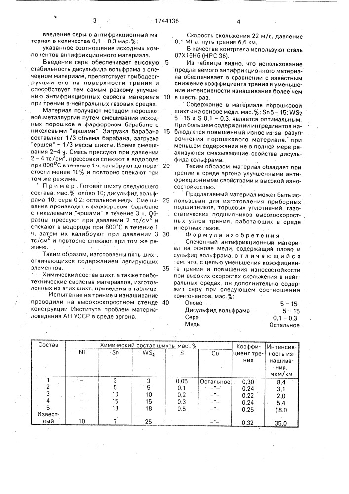 Спеченный антифрикционный материал на основе меди (патент 1744136)