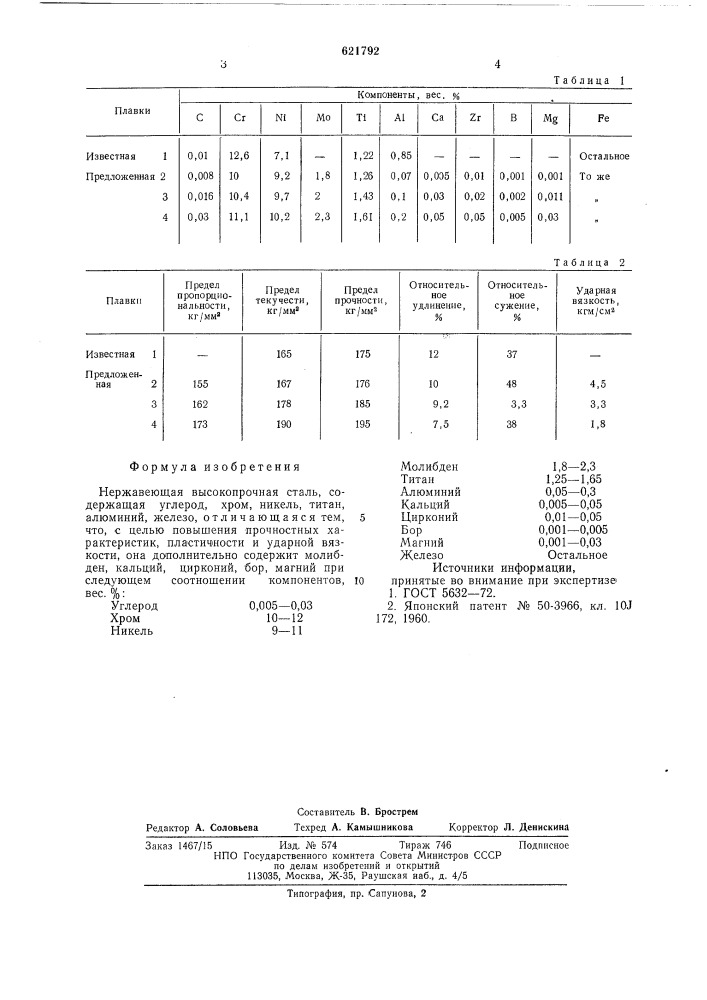 Нержавеющая высокопрочная сталь (патент 621792)