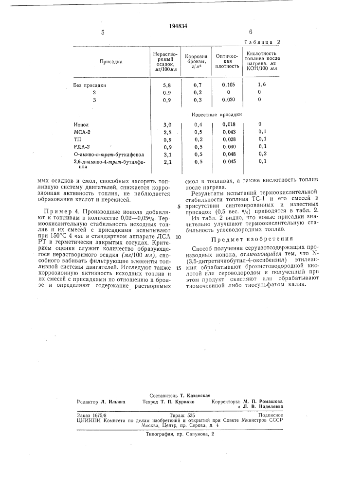 Способ получения сер;уазотсодержа1цих производных ионола (патент 194834)