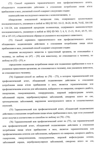 Способ получения фактора, связанного с контролем над потреблением пищи и/или массой тела, полипептид, обладающий активностью подавления потребления пищи и/или прибавления в весе, молекула нуклеиновой кислоты, кодирующая полипептид, способы и применение полипептида (патент 2418002)