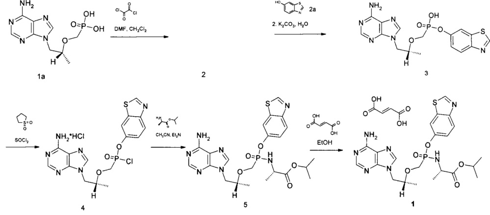 Изопропил n-[{ [(1r)-2-(6-амино-9h-пурин-9-ил)-1-метилэтокси]метил} (1,3-бензотиазол-6-ил-окси)фосфорил]-l-аланинат фумарат в качестве противовирусного препарата - пролекарства тенофовира (патент 2665037)