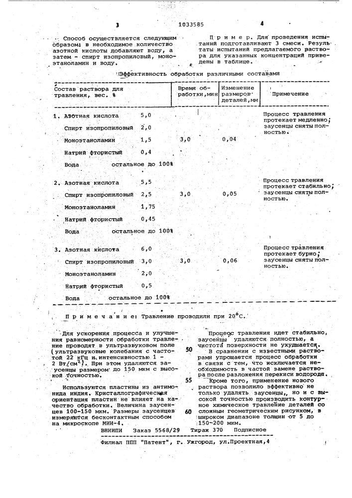 Раствор для травления антимонидов элементов третьей группы (патент 1033585)