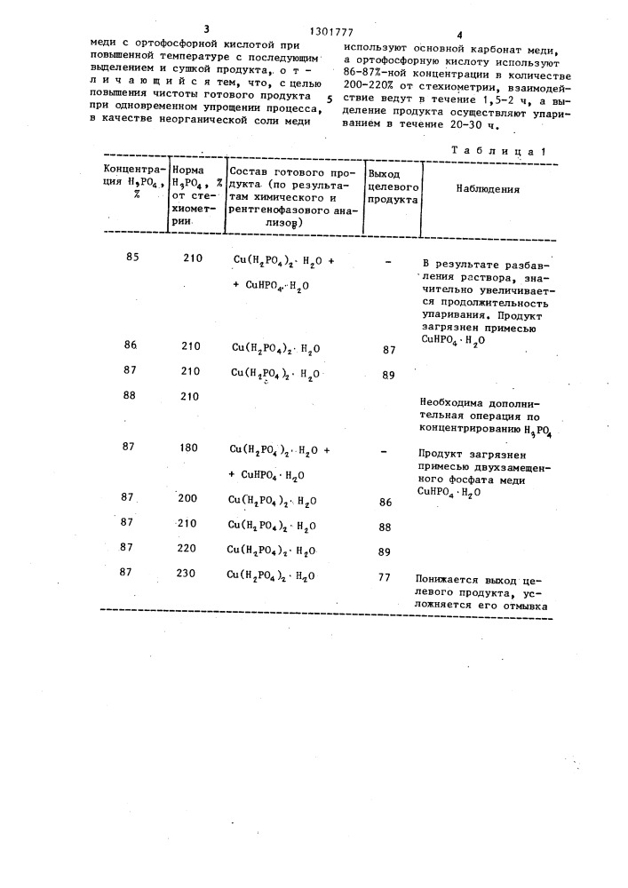 Способ получения однозамещенного фосфата меди моногидрата (патент 1301777)