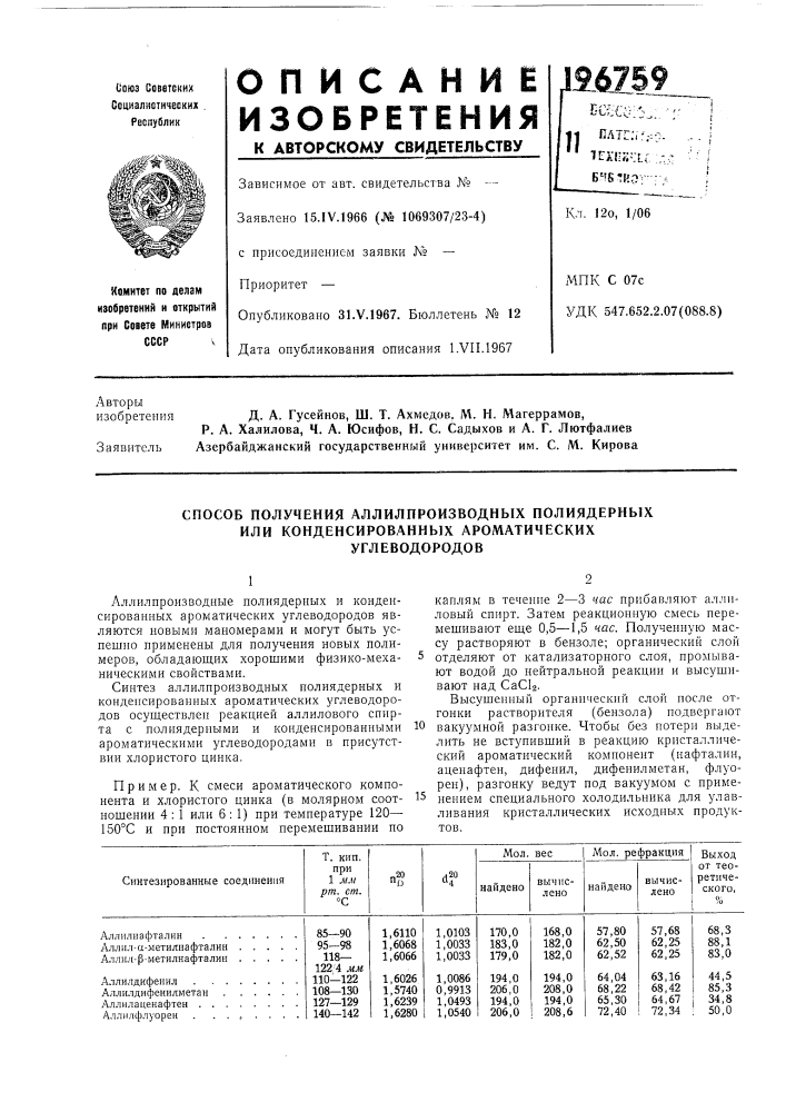 Способ получения аллилпроизводных полиядерных (патент 196759)