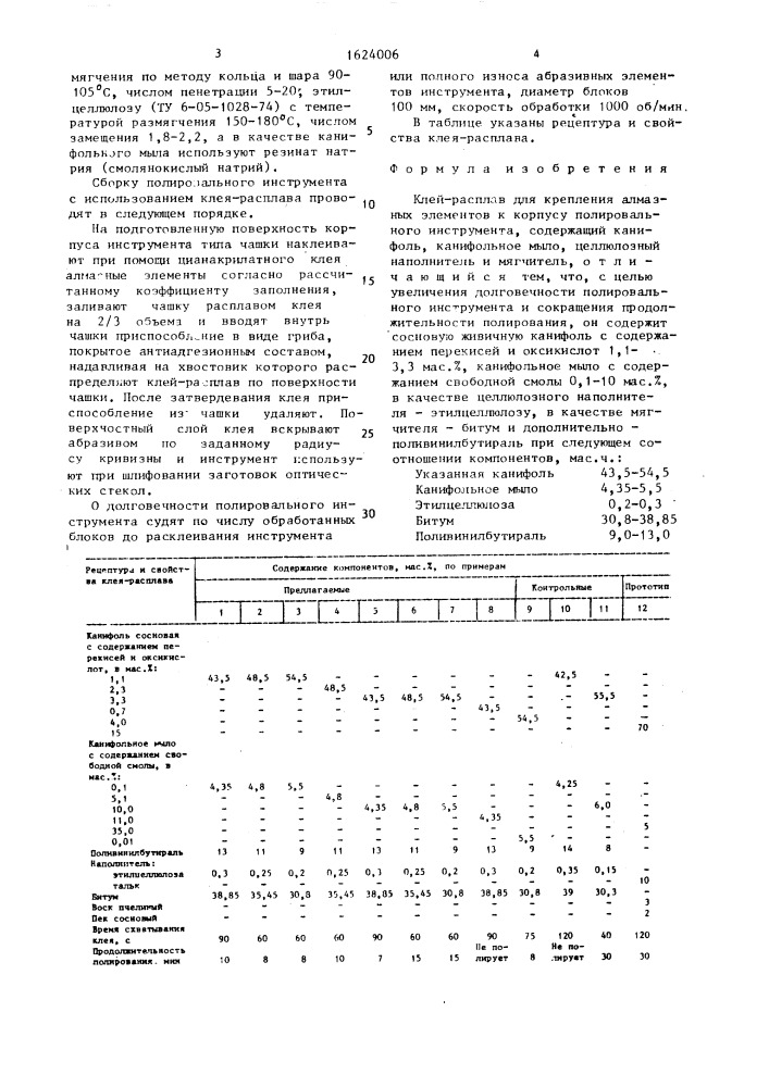 Клей-расплав для крепления алмазных элементов к корпусу полировального инструмента (патент 1624006)