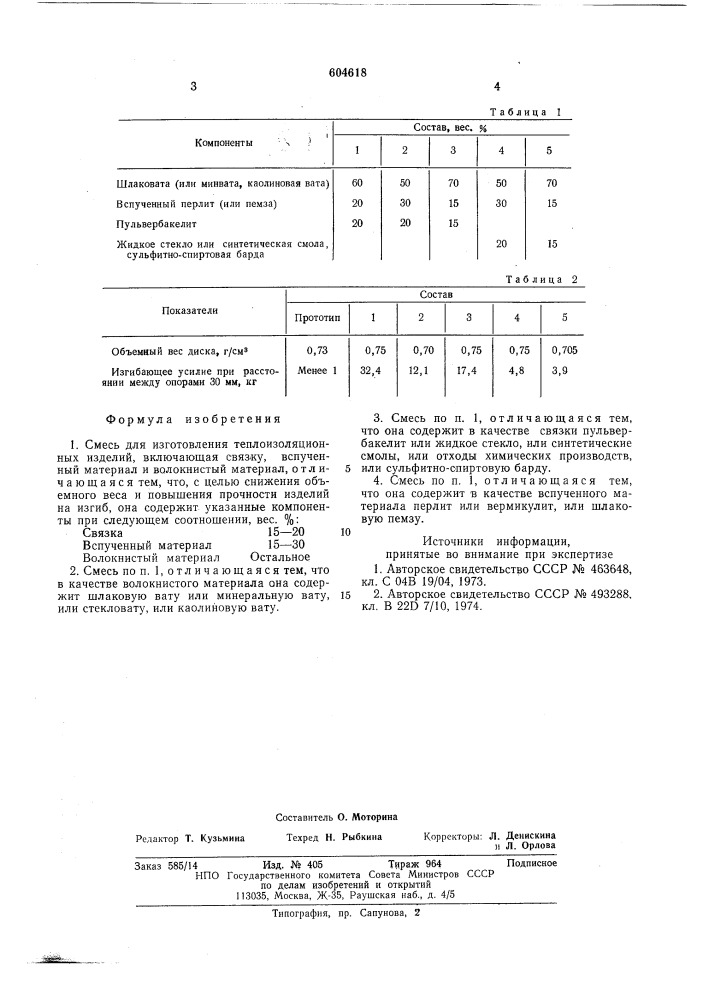 Смесь для изготовления теплоизоляционных изделий (патент 604618)