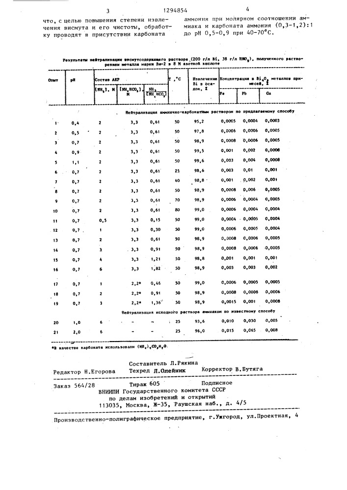 Способ переработки азотно-кислых растворов висмута (патент 1294854)