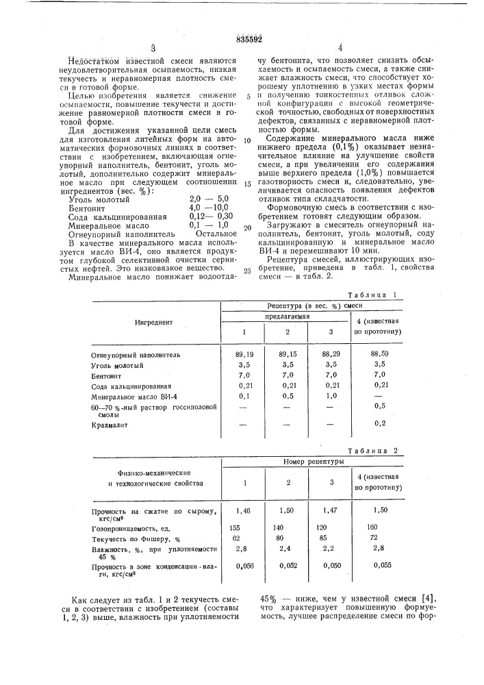 Смесь для изготовления литейных форм (патент 835592)