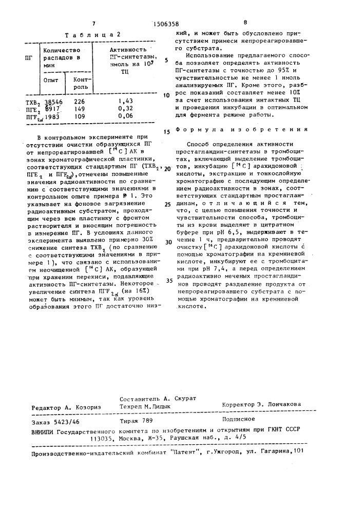 Способ определения активности простагландин-синтетазы в тромбоцитах (патент 1506358)