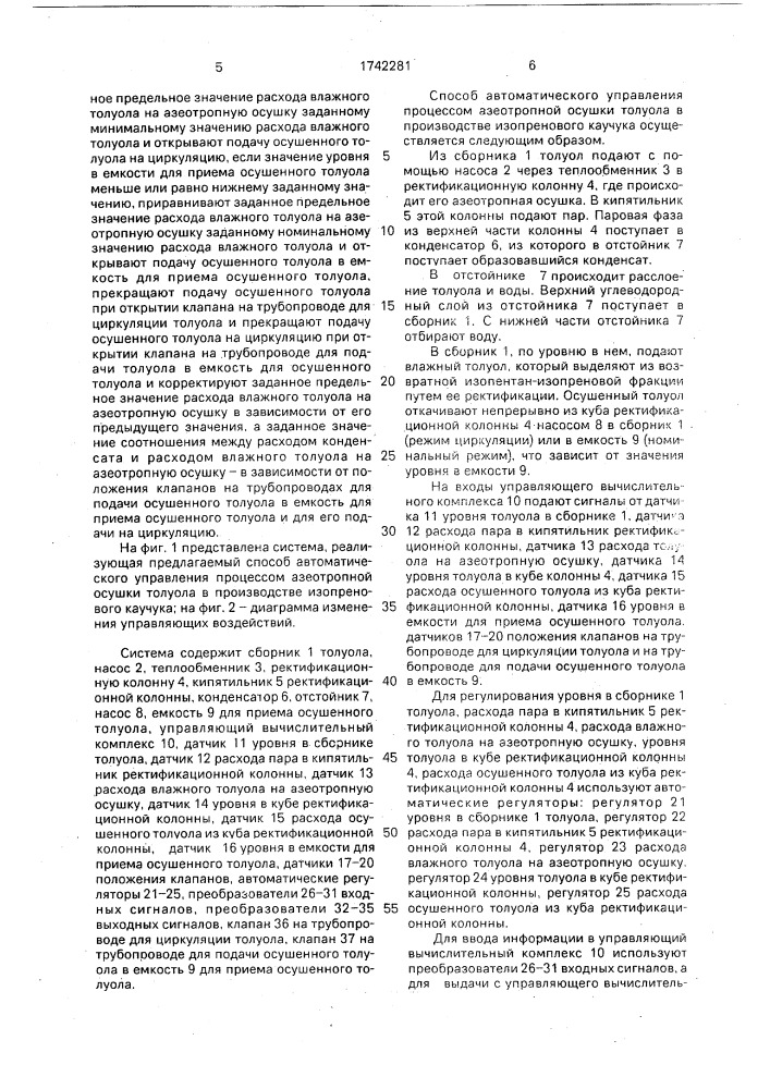 Способ автоматического управления процессом азеотропной осушки толуола в производстве изопренового каучука (патент 1742281)