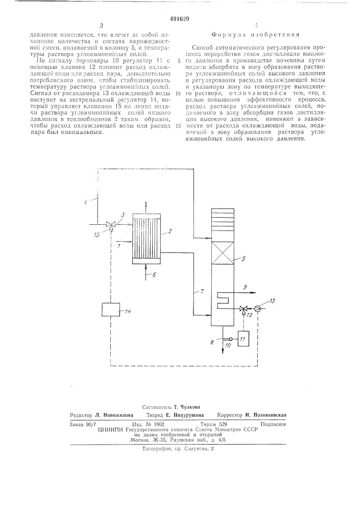 Способ автоматического регулирования процесса переработки газов дистилляции высокого давления в производстве мочевины (патент 491620)