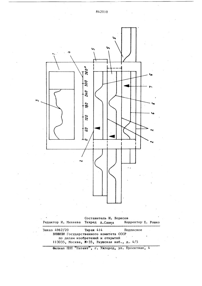 Устройство для определения фазовогоположения осевого движения раскатныхцилиндров красочного аппарата печатныхмашин (патент 842010)