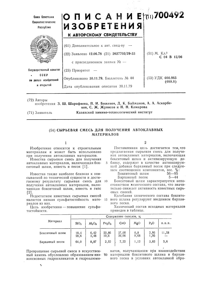 Сырьевая смесь для получения автоклавных материалов (патент 700492)