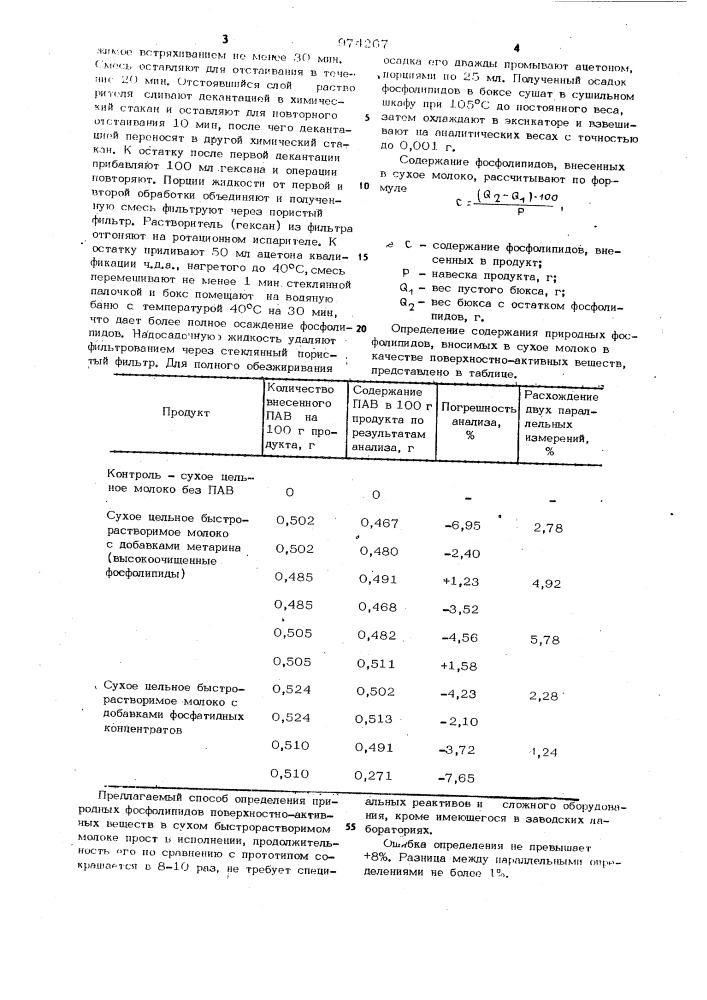 Способ определения фосфолипидов поверхностно-активных веществ в сухом быстрорастворимом молоке (патент 974267)