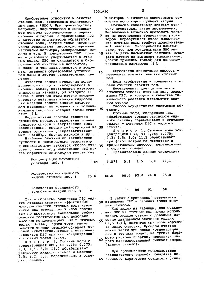 Способ очистки сточных вод,содержащих поливиниловый спирт (патент 1031910)