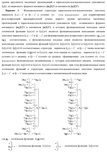 Функциональные структуры параллельно-последовательных сквозных переносов fj+1(  )+ и fj(  )+ в условно &quot;i&quot; &quot;зоне формирования&quot; для корректировки результирующей предварительной суммы первого уровня аргументов частичных произведений параллельно-последовательного умножителя f ( ) позиционного формата множимого [mj]f(2n) и множителя [ni]f(2n) (варианты) (патент 2431886)