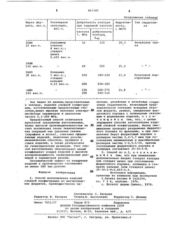 Способ изготовления изделий сложной конфигурации из магнитомягких ферритов (патент 863185)