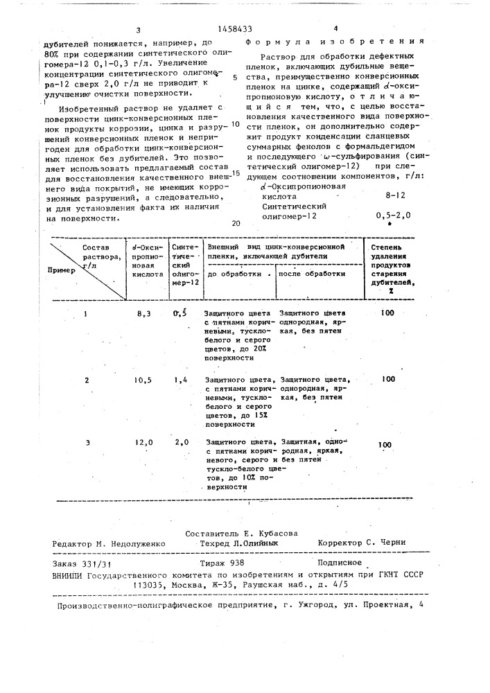 Раствор для обработки дефектных пленок,включающих дубильные вещества (патент 1458433)