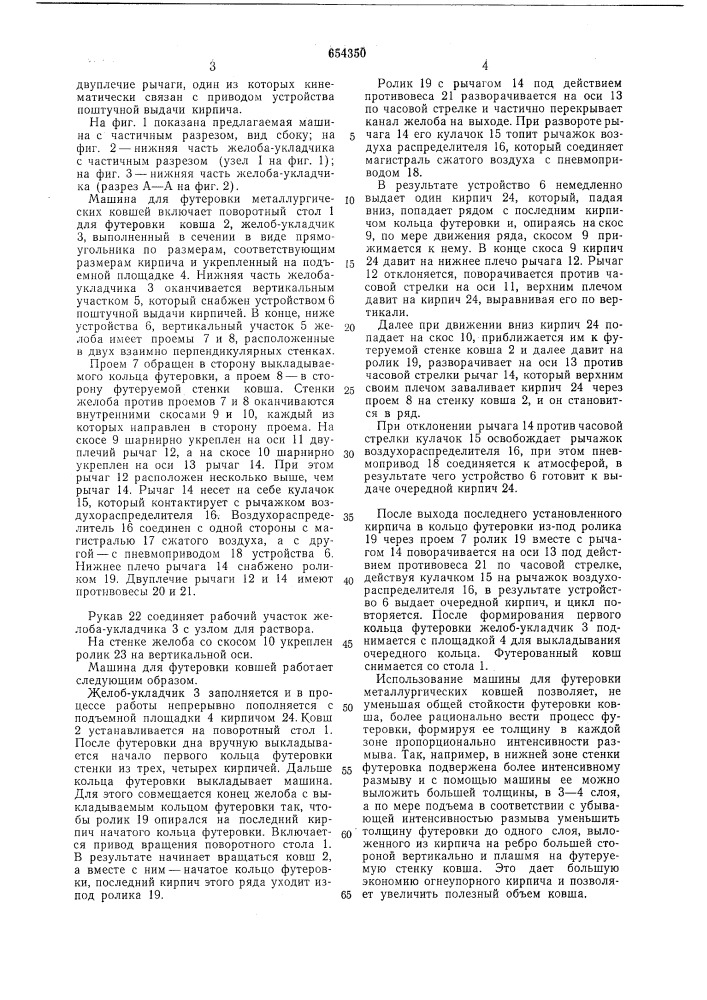 Машина для футеровки металлургических ковшей (патент 654350)