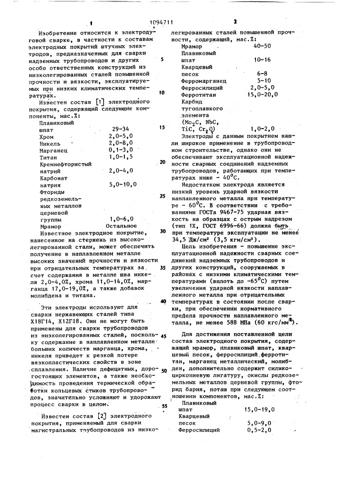 Состав электродного покрытия (патент 1094711)