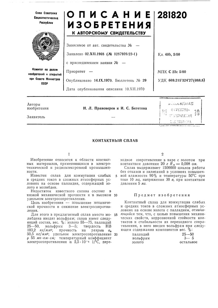 Контактный сплав (патент 281820)