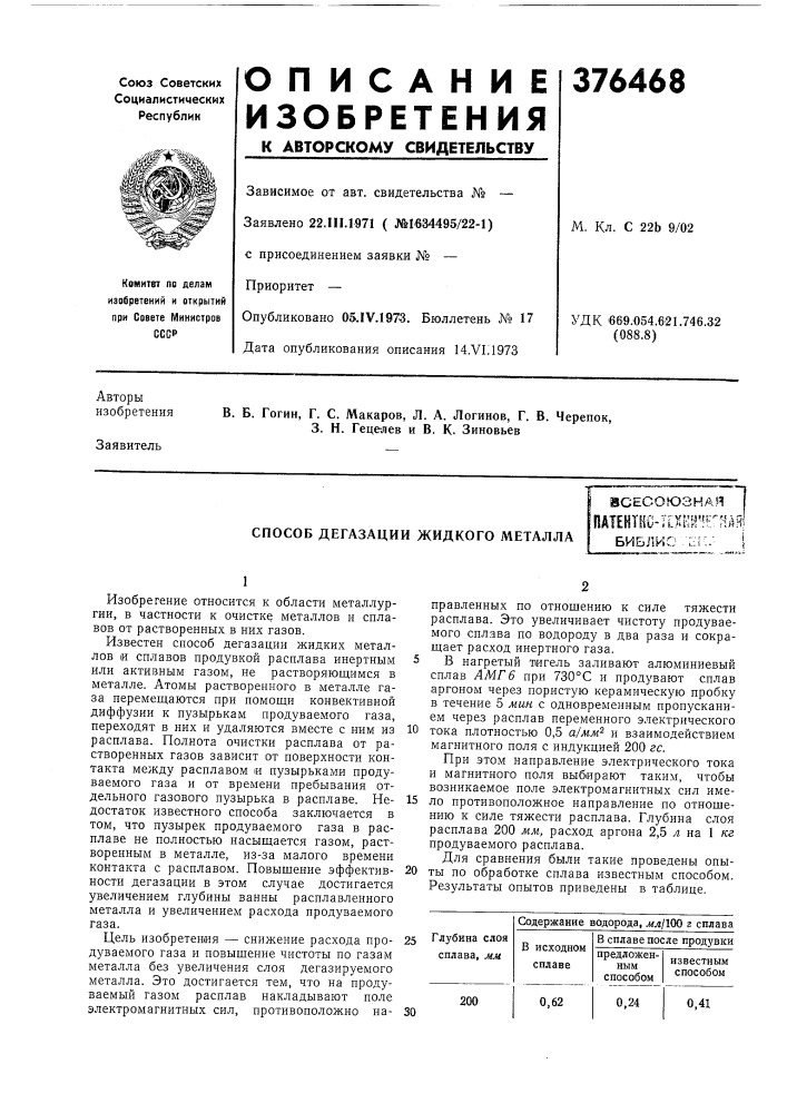 Способ дегазации жидкого металла (патент 376468)