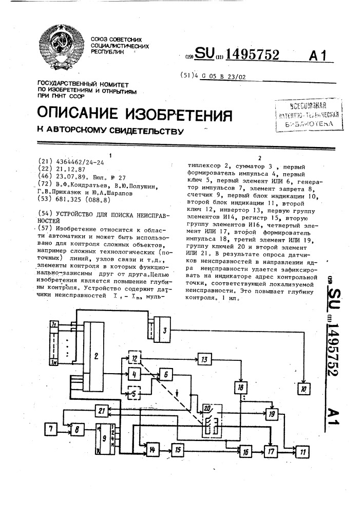 Устройство для поиска неисправностей (патент 1495752)